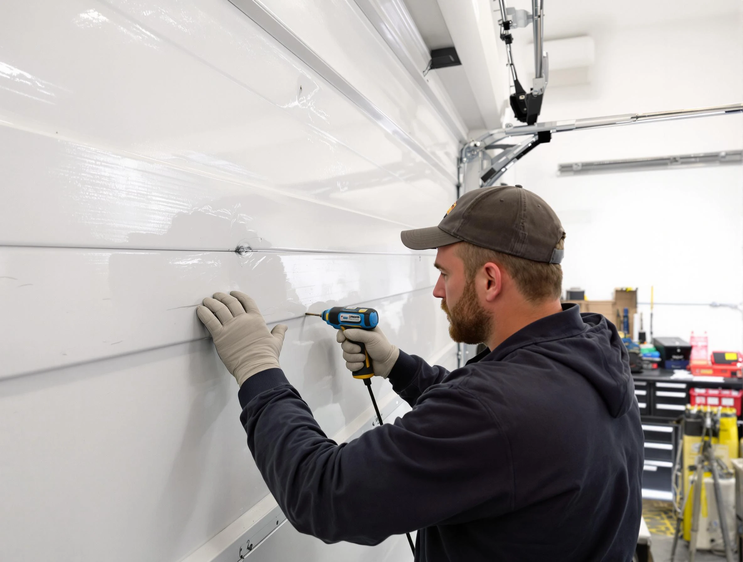Washington Terrace Garage Door Repair technician demonstrating precision dent removal techniques on a Washington Terrace garage door